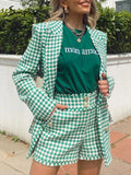 Party Green houndstooth shoulder pads women blazer suit Office lady button pocket short set autumn Long sleeve plaid suit