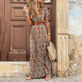 Boho Long Dress Women Beach Floral Print Belted Maxi Dress Casual V-Neck Party Holiday Sundress Ladies Dress Plus Size