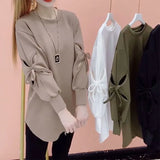 Solid Color Cut Out Sweatshirts Female Clothing Korean Loose Spring Autumn Long Sleeve Casual Bow Round Neck