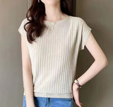 Silk Knitted Women Loose 2025 Summer New Gray Top Collar Thin Short-Sleeved T-Shirt