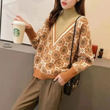 Winter Korean Female Geometric Jacquard Sweaters Vintage Fashion Patchwork Turtleneck Knitted Jumpers Women's