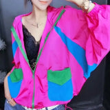 Contrasting Colors Hooded Coats Women's Clothing Stylish Pockets Patchwork Summer Thin Zipper Casual Loose