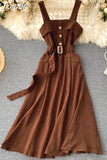 Korean Style Women Vintage Dress Autumn Winter Spaghetti Strap Sleeveless Belted A-line Midi Work Party