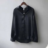 Vintage Fashion Button Up Satin Shirt Silk Korean Office Ladies Elegant Shirt Blouse White Long Sleeve Shirts Tops