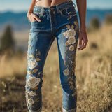 Women's Jeans Women's Trousers Color Flowers 3D Three-Dimensional Printed