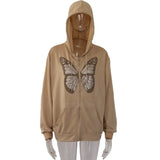 Y2K Fashion Oversized Butterfly Graphic Rhinestone Zip Up Hoodies E-girl 90s Streetwear Diamond Grey Long Jacket Autumn