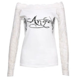 Women Lace T-shirts Autumn Winter 2024 Top Clothing Gothic Vintage Sexy Aesthetic y2k Off Shoulder Long Sleeve Top Streetwear-Outfit
