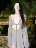 Women's Mesh Two Piece Set Sexy Long Sleeve Lace-up Outer Wear Top+Halter Skinny Hollow Out Lady Dress Suit New Outfit-Outfit