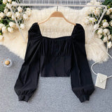 Women Fashion Korean Blouse Long Sleeve Square Collar Solid Slim Office Tops Autumn Casual Streetwear Short