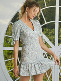 Tie-Cuff Puff Sleeve Ruffle Hem