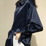 Vintage Fashion Button Up Satin Shirt Silk Korean Office Ladies Elegant Shirt Blouse White Long Sleeve Shirts Tops