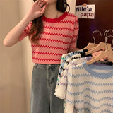 Ice Silk Striped Knitted Short-Sleeved T-Shirt For Women's 2025 Summer New High-Waisted Loose Bubble Sleeve Short