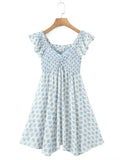 White Blue Flower Print Ruffle Strap Mini Dress V neck Ruched Elastic Chest Corset Sleeveless Short Tank Robe Holiday Woman-Outfit