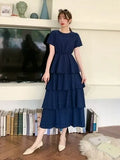New Summer Temperament All-match O-neck short sleeve Dress waist slim multi-layer Ruffles cake
