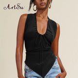 Chic Fashion Elegant Bow Tie Halter Crop Tops for Women Backless Sleeveless Ruched Rave Cropped Top