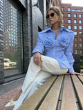 Women's Y2K Vintage Plaid Belted Elegant Long Sleeve Shirt Turn-down Collar Button-down with 3D Flower Fall Slim Tops-Outfit
