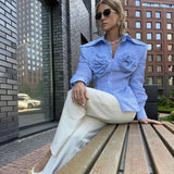 Women's Y2K Vintage Plaid Belted Elegant Long Sleeve Shirt Turn-down Collar Button-down with 3D Flower Fall Slim Tops-Outfit