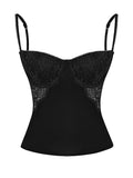 Vintage Sleeveless Strap V-neck Low Cut Camis Tops for Women Black Slim Fit Lace Patchwork See Through Tank Mini Vest-Outfit