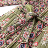 Green Flower Print V neck Quilted Jacket Ethnic Women Tie Bow Sashes Quilting Full Sleeve Coat BOHO Midi Outerwear-Outfit