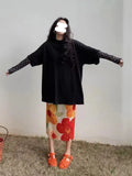 Folded Large Flower Print Half Skirt Summer Skirt Long Design Sense Niche High-Waist Print Half-Body