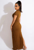 Short Sleeves Ruched Strings Slit Long Party