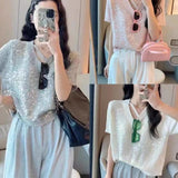 Short Sleeve V-Neck Women's Clothing Solid Color T-shirt Pullover Beaded Sequined All-match Elegant Flattering Tops-Outfit