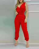 Fashion Sleeveless Playsuits With Belt 2024 Spring/Summer New V-neck Backless Printed High Waist Jumpsuit For