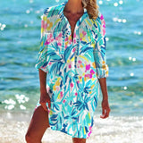 Women Printed Blouse Long Top Tunics Cardigan Half Sleeved Loose Beach Wear Swimwear Ladies Dresses Shirts Button 2023-Outfit
