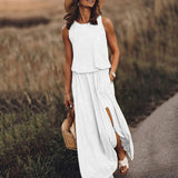 2025 Summer Women's Fashion Trend Retro Round-Neck Sleeveless Forked Solid Color Two-Piece