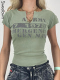Letter Print Casual Short Sleeve Y2K T-Shirts Women Retro Green Vintage Streetwear Tee Female V Neck Basic Sweat