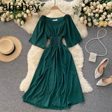 Sweet Solid Women Square Collar Flying Sleeve Ruffle A-line Dresses Summer Boho Chiffon Midi