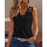 Slim Fit Sleeveless Pullover Shirt Women 2023 Summer Solid Color Lace Stitching V-Neck Casual Tank Top Woman