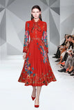 Autumn Runway Designer Bow Neck Pleated Dress Women Long Sleeve Ruffles Lace Patchwork Floral Print Elegant Midi