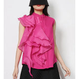 Solid Shirt For Women Stand Collar Sleeveless Ruffle Trim Button Through Blouse Female Fashion Clothing Style