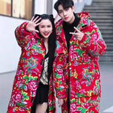 Northeast Big Flower Cotton-Padded Jacket Men And Women Long Chinese Wind Peony Flowers Add Thick Cotton Clothes Winter Warm Coat Oversize-Outfit