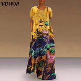 Dress Women Patchwork Floral Printed Sundress VONDA 2021 Women's Autumn Stylish Robe Female Cotton Linen Dress