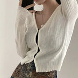 Cropped Cardigan Women V Neck Covered Button Solid Stretch Thin Spring Long Sleeve Knitted Tops Casual Lady Sweater-Outfit