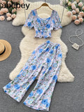 Women Summer Bohemian Floral Set Puff Sleeve Short Tops+High Waist Pleated Wide Leg Long Pants Two Pieces