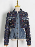 TWOTWINSTYLE Casual Patchwork Denim Set For Women Stand Collar Long Sleeve High Waist Fold Pleated Sets Female 2021 Autumn