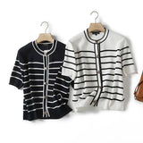 New Summer Style Small Fragrant Style Button Design Striped Cardigan-Outfit