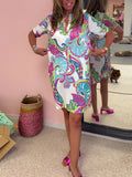 Women's Summer Dress Loose V-Neck Mid-Long Dress Loose V-Neck Short-Sleeved