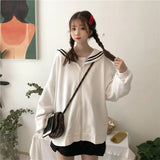 QWEEK Japan Style Sailor Collar Hoodie Women Kawaii Navy White Sweatshirt Autumn Winter Thick Zip Up Hoody 2021 Zipper Cute