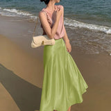 2022 Summer Women Satin Skirt Elegant Lady Vintage Silk High Waist Midi