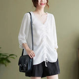 Solid Color Loose T-shirt Petal Sleeve Spring Summer New Women's Clothing All-match Lace Spliced Elegant V-Neck Pullovers-Outfit