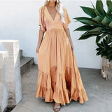 Maxi Dresses For Women Summer 2022 Loose Flounced Edge V Neck Solid Color High Waist Bohemian Beach Long