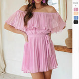 Summer New Solid Color Sexy Folding Short Sleeves Trousers Casual Vacation Single Word Shoulder Shorts