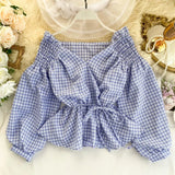 Plaid V Neck Blouses 2022 Fashion Korean Off Shoulder Bandage Blouse Cute Feminine Elegant Puff Sleeve Ruffle Top