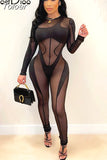 Black Jumpsuit Women Sexy Sheer Mesh Patchwork Long Sleeve Zipper Bodycon Romper Winter 2023 Elegant Night Club