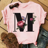 Letter Alphabet A-Z Women T-Shirts Fashion Breathable Flowers Short Sleeve Casual Tops Couple Basic Tee Crew Neck Clothes