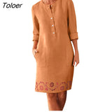 Women Casual Vestidos Women Dress Solid Color Pockets Summer Round Neck Long Sleeve Buttons Dress Beach